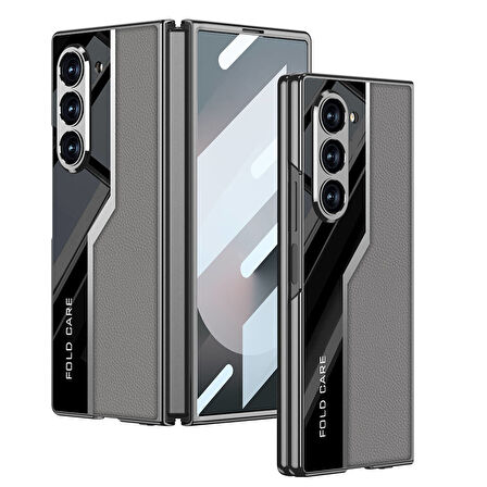 Galaxy Z Fold 6 Kılıf Ultra İnce Kamera Korumalı PC + Deri Arka Yüzey Zore Kıpta Poligan Kapak-Gri