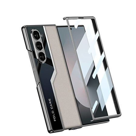 Galaxy Z Fold 6 Kılıf Ultra İnce Kamera Korumalı PC + Deri Arka Yüzey Zore Kıpta Poligan Kapak-Gri