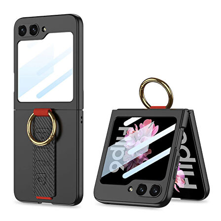 Galaxy Z Flip 6 Kılıf Kamera Korumalı Yüzüklü Karbon Tasarımlı Ensueno Flip Ring Kıpta Kapak-Siyah