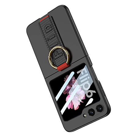 Galaxy Z Flip 6 Kılıf Kamera Korumalı Yüzüklü Karbon Tasarımlı Ensueno Flip Ring Kıpta Kapak-Siyah