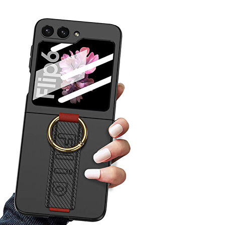 Galaxy Z Flip 6 Kılıf Kamera Korumalı Yüzüklü Karbon Tasarımlı Ensueno Flip Ring Kıpta Kapak-Siyah