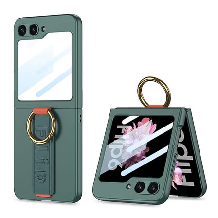 Galaxy Z Flip 6 Kılıf Kamera Korumalı Yüzüklü Karbon Tasarımlı Zore Flip Ring Kıpta Kapak-Gri-Yeşil