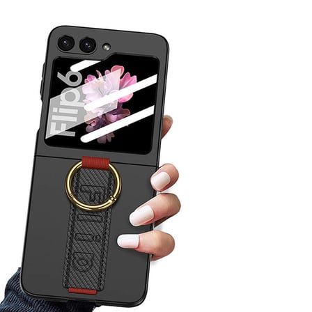 Galaxy Z Flip 6 Kılıf Kamera Korumalı Yüzüklü Karbon Tasarımlı Zore Flip Ring Kıpta Kapak-Gri-Yeşil