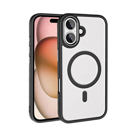 Apple iPhone 16 Kılıf Wireless Şarj Özellikli Zore Krom Magsafe Silikon Kapak-Siyah