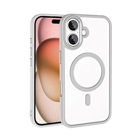 Apple iPhone 16 Kılıf Wireless Şarj Özellikli Zore Krom Magsafe Silikon Kapak-Gümüş