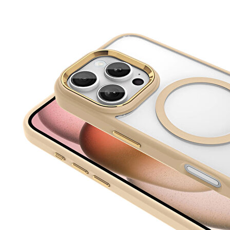 Apple iPhone 16 Pro Kılıf Wireless Şarj Özellikli Ensueno Krom Magsafe Silikon Kapak-Gold