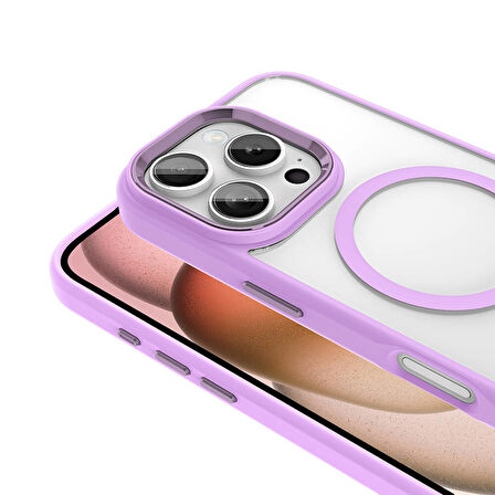 Apple iPhone 16 Pro Max Kılıf Wireless Şarj Özellikli Ensueno Krom Magsafe Silikon Kapak-Pembe