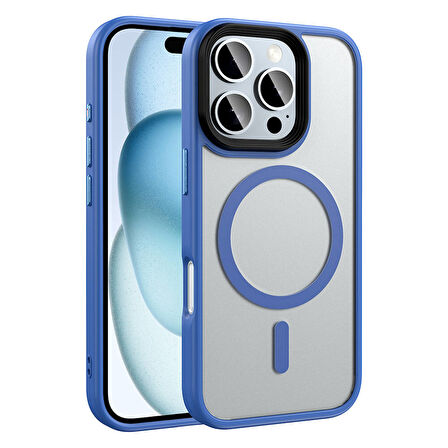 Apple iPhone 16 Pro Max Kılıf Mat Arka Yüzey Wireless Şarj Özellikli Zore Flet Magsafe Kapak-Mavi