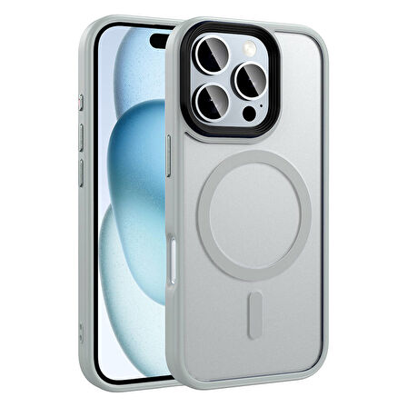Apple iPhone 16 Pro Max Kılıf Mat Arka Yüzey Wireless Şarj Özellikli Zore Flet Magsafe Kapak-Gümüş