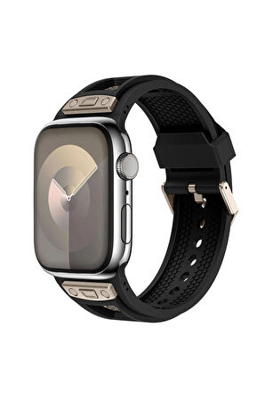 Apple Watch 44mm Uyumlu KRD-117 Hava Alabilen Delikli Metal Süslemeli Desenli Silikon Kordon