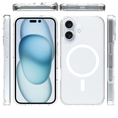 Apple iPhone 16 Plus Kılıf Magsafe Şarj Özellikli Şeffaf Sert PC Zore Embos Kapak-Şeffaf