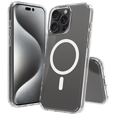 Apple iPhone 16 Pro Max Kılıf Magsafe Şarj Özellikli Şeffaf Sert PC Zore Embos Kapak-Şeffaf