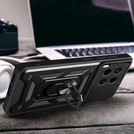 Tecno Camon 30 Kılıf Magnetik Standlı Kamera Korumalı NRTK Sürgülü Vega Kapak-Siyah