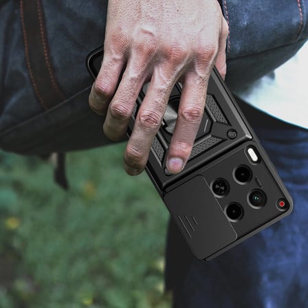 Tecno Camon 30 Kılıf Sürgülü Kamera Koruyucu Manyetik Standlı Tank Koruma TKMR