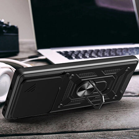 Tecno Camon 30 Pro 5G Kılıf Magnetik Standlı Kamera Korumalı Zore Sürgülü Vega Kapak-Mavi
