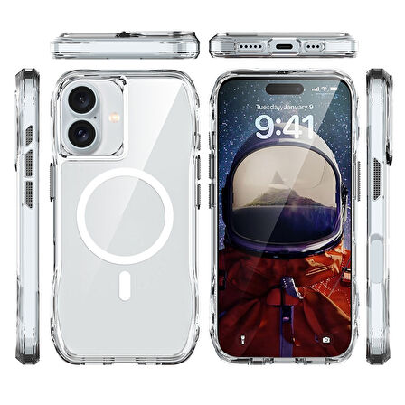 iPhone 16 Kılıf Magsafe Şarj Özellikli AirBagli Şeffaf Zore İncek Kapak-Şeffaf