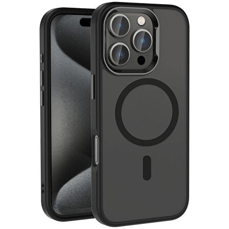 Apple iPhone 16 Pro Max Kılıf Magsafe Şarj Özellikli Parlak Kamera Çerçeveli Zore Kost Kapak-Siyah
