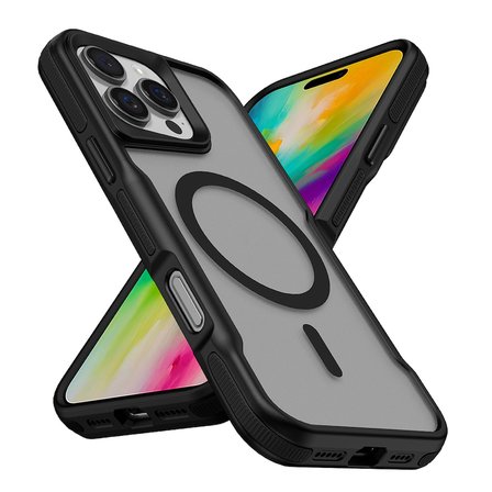 iPhone 16 Pro Uyumlu Magsafe Şarj Özellikli Renkli Kenar Airbag Şeritli NRTK Lamer Kapak-Siyah