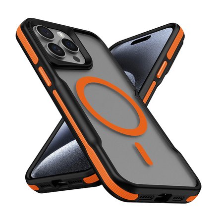 iPhone 14 Pro Max Uyumlu Magsafe Şarj Özellikli Renkli Kenar Airbag Şeritli NRTK Lamer Kapak-Turuncu