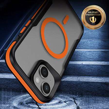 iPhone 15 Plus Uyumlu Magsafe Şarj Özellikli Renkli Kenar Airbag Şeritli Zore Lamer Kapak-Siyah