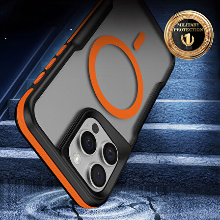 iPhone 15 Pro Max Uyumlu Magsafe Şarj Özellikli Renkli Kenar Airbag Şeritli Zore Lamer Kapak-Turuncu