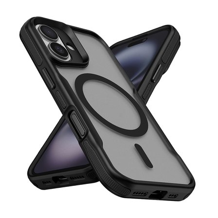 iPhone 16 Plus Uyumlu Magsafe Şarj Özellikli Renkli Kenar Airbag Şeritli MKST Lamer Kapak-Siyah