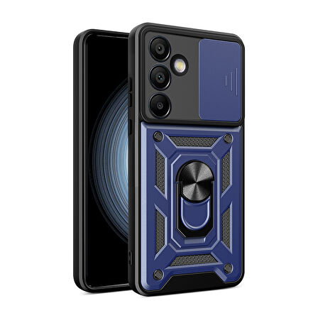 Galaxy S24 FE Uyumlu Magnetik Standlı Kamera Korumalı Zore Sürgülü Vega Kapak-Mavi