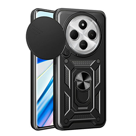 Xiaomi Redmi 14C 4G Uyumlu Magnetik Standlı Kamera Korumalı Zore Sürgülü Vega Kapak-Siyah