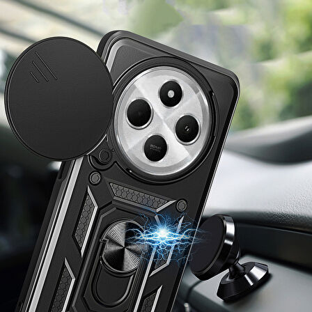 Xiaomi Redmi 14C 4G Uyumlu Magnetik Standlı Kamera Korumalı Zore Sürgülü Vega Kapak-Siyah