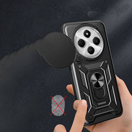 Xiaomi Redmi 14C 4G Uyumlu Magnetik Standlı Kamera Korumalı Zore Sürgülü Vega Kapak-Siyah