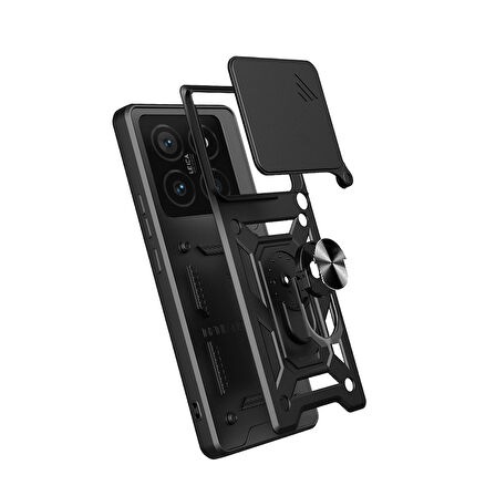 Xiaomi 14T Uyumlu Kılıf Magnetik Standlı Kamera Korumalı Zore Sürgülü Vega Kapak-Siyah