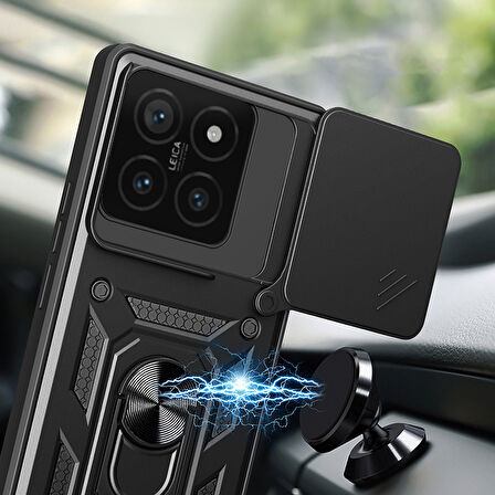 Xiaomi 14T Pro Uyumlu Kılıf Magnetik Standlı Kamera Korumalı Zore Sürgülü Vega Kapak-Siyah