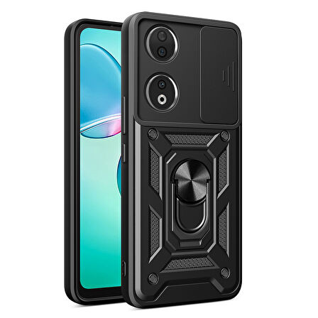 Honor 90 Uyumlu Kılıf Magnetik Standlı Kamera Korumalı Zore Sürgülü Vega Kapak-Siyah