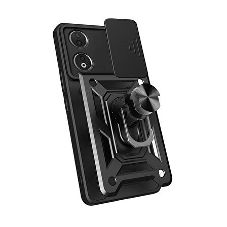Honor 90 Uyumlu Kılıf Magnetik Standlı Kamera Korumalı Zore Sürgülü Vega Kapak-Siyah