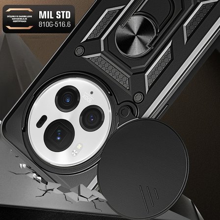 Honor Magic 6 Pro Uyumlu Kılıf Magnetik Standlı Kamera Korumalı Zore Sürgülü Vega Kapak-Siyah