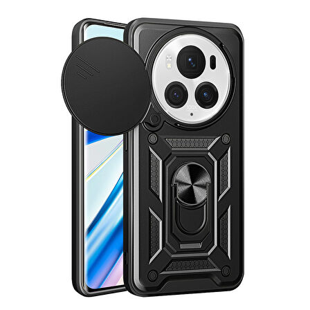 Honor Magic 6 Pro Uyumlu Kılıf Magnetik Standlı Kamera Korumalı Zore Sürgülü Vega Kapak-Siyah