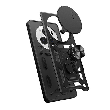 Honor Magic 6 Pro Uyumlu Kılıf Magnetik Standlı Kamera Korumalı Zore Sürgülü Vega Kapak-Siyah