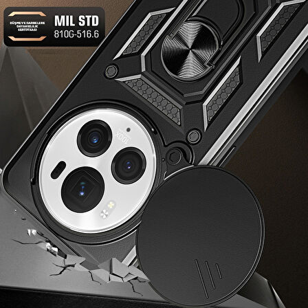 Honor Magic 6 Pro Uyumlu Kılıf Magnetik Standlı Kamera Korumalı Zore Sürgülü Vega Kapak-Siyah