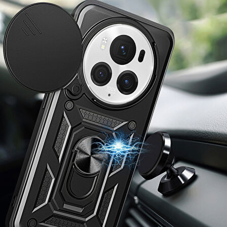 Honor Magic 6 Pro Uyumlu Kılıf Magnetik Standlı Kamera Korumalı Zore Sürgülü Vega Kapak-Siyah