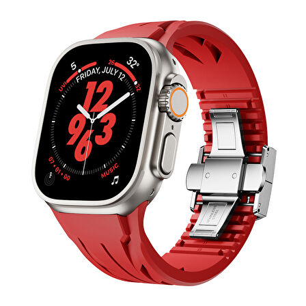 Apple Watch Ultra 49mm KRD-127 Metal Tokalı Silikon Kordon-Kırmızı