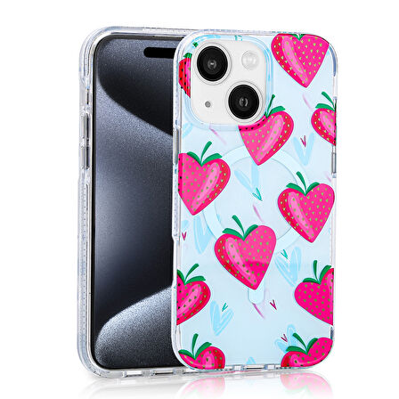 iPhone 15 Uyumlu Kılıf Magsafe Şarj Özellikli Zore Stilo Kapak-Pembe-Mavi