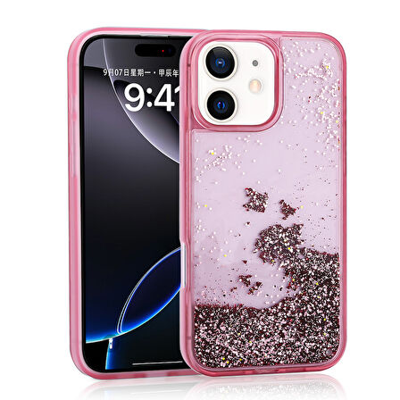 iPhone 11 Uyumlu Kılıf Sıvılı Simli Şeffaf Arka Yüzey Zore Keto Silikon Kapak-Pembe