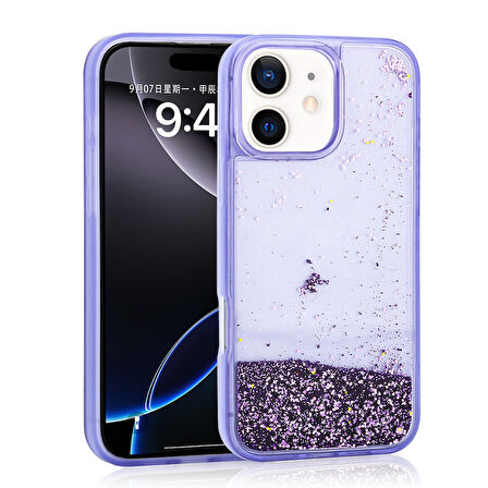 iPhone 11 Uyumlu Kılıf Sıvılı Simli Şeffaf Arka Yüzey Zore Keto Silikon Kapak-Mor