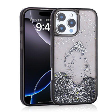 iPhone 12 Pro Uyumlu Kılıf Sıvılı Simli Şeffaf Arka Yüzey Zore Keto Silikon Kapak-Siyah