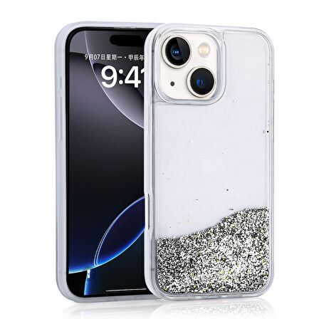 iPhone 14 Uyumlu Kılıf Sıvılı Simli Şeffaf Arka Yüzey Zore Keto Silikon Kapak-Gümüş