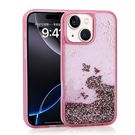 iPhone 14 Uyumlu Kılıf Sıvılı Simli Şeffaf Arka Yüzey Zore Keto Silikon Kapak-Pembe