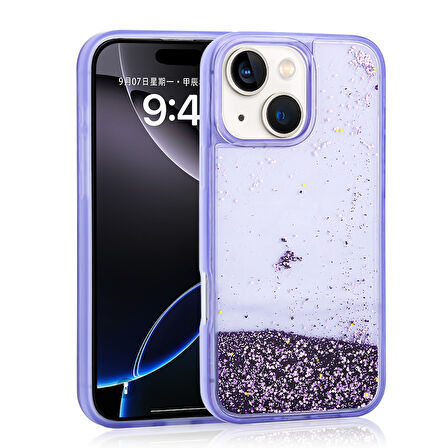 iPhone 14 Uyumlu Kılıf Sıvılı Simli Şeffaf Arka Yüzey Zore Keto Silikon Kapak-Mor