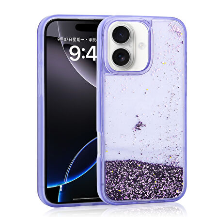 iPhone 16 Uyumlu Kılıf Sıvılı Simli Şeffaf Arka Yüzey Zore Keto Silikon Kapak-Mor