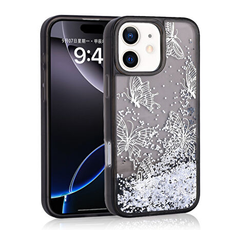 iPhone 11 Kılıf Sıvılı Simli Kelebek Baskılı Şeffaf Arka Yüzey Glis Silikon Kapak