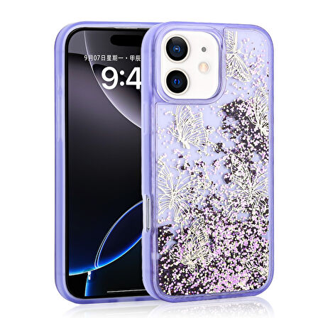 iPhone 12 Kılıf Sıvılı Simli Kelebek Baskılı Şeffaf Arka Yüzey Glis Silikon Kapak